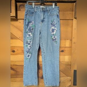 PTCL High Rise Jeans Womens Sz 29 Blue Hand Painted Purple Floral Crop